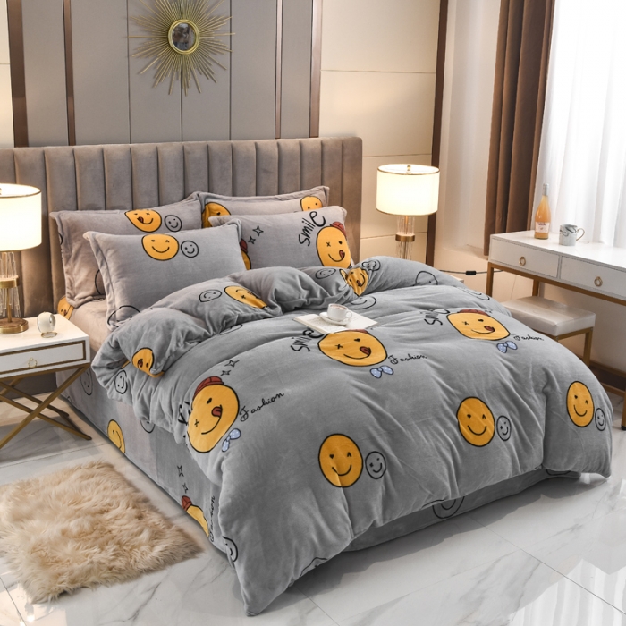 91家纺网 家纺一手货源 找家纺 锦罗绣 2021新款牛奶绒印花四件套 笑脸