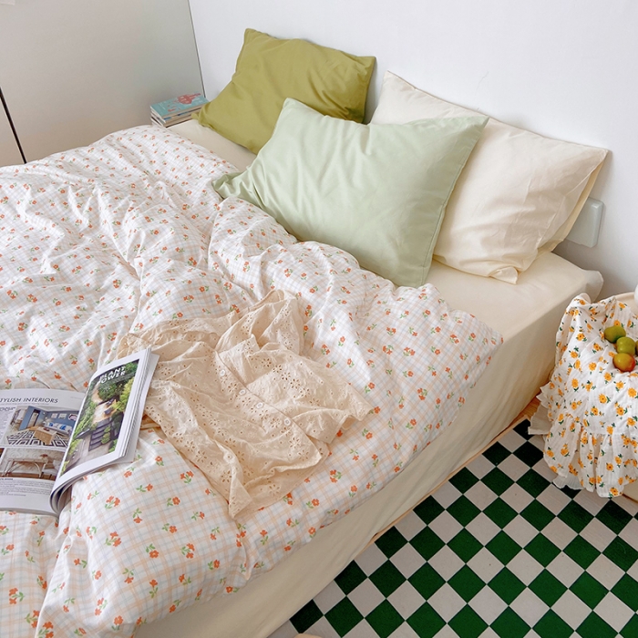 91家纺网 家纺一手货源 找家纺 尺素 2021新款韩国ins风清新混搭四件套 篱落粉混搭