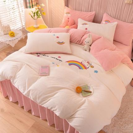 包小包 2023新款独角兽法莱绒牛奶绒三拼四件套 粉白双拼