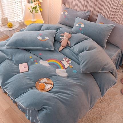 91家纺网 家纺一手货源 找家纺 包小包2023新款独角兽法莱绒牛奶绒三拼四件套雾霾蓝