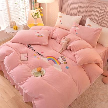 91家纺网 家纺一手货源 找家纺 包小包2023新款独角兽法莱绒牛奶绒三拼四件套樱花粉