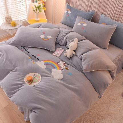 91家纺网 家纺一手货源 找家纺 包小包2023新款独角兽法莱绒牛奶绒三拼四件套 茶灰