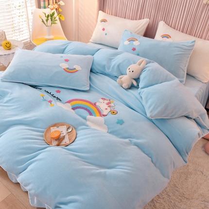 91家纺网 家纺一手货源 找家纺 包小包2023新款独角兽法莱绒牛奶绒三拼四件套 翠蓝