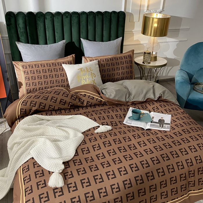 91家纺网 家纺一手货源 找家纺 爱一个家 2023新款贡棉数码印花大版花四件套 芬迪咖