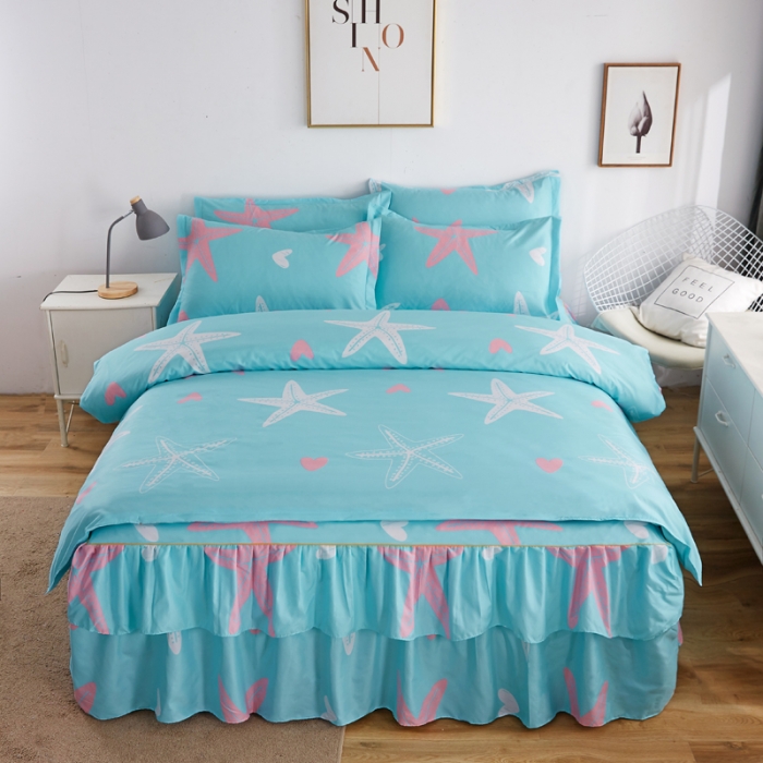 91家纺网 家纺一手货源 找家纺 爱一个家 2023新款芦荟棉双边时尚床裙四件套 海星