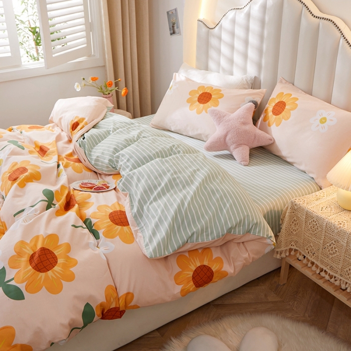 91家纺网 家纺一手货源 找家纺 一米阳光 2022新款13070全棉四件套 向日葵-粉