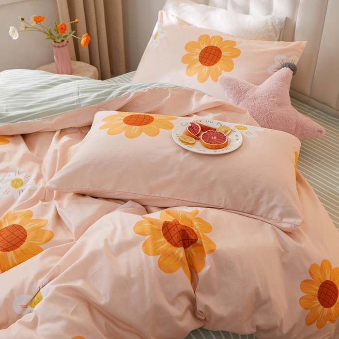 91家纺网 家纺一手货源 找家纺 一米阳光 2022新款13070全棉四件套 向日葵-粉
