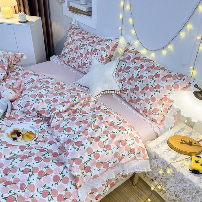 91家纺网 家纺一手货源 找家纺 一米阳光 2021新款花边纯棉款四件套 粉桃桃