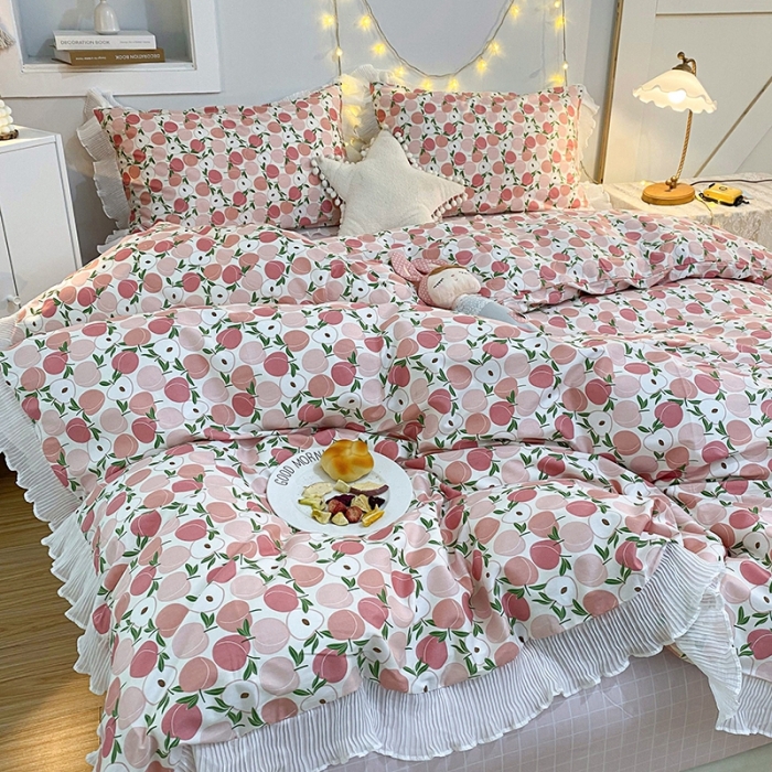 91家纺网 家纺一手货源 找家纺 一米阳光 2021新款花边纯棉款四件套 粉桃桃