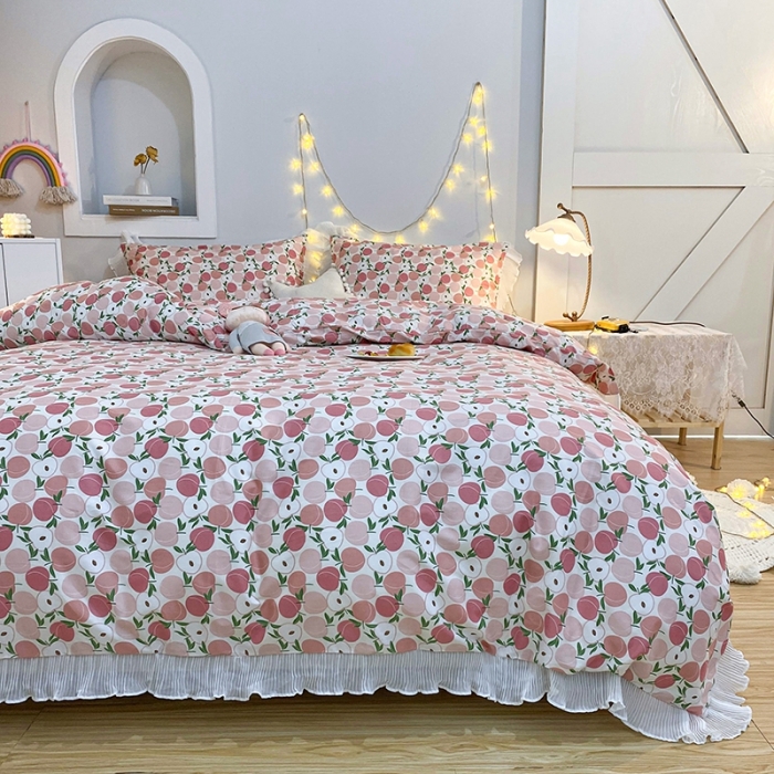 91家纺网 家纺一手货源 找家纺 一米阳光 2021新款花边纯棉款四件套 粉桃桃