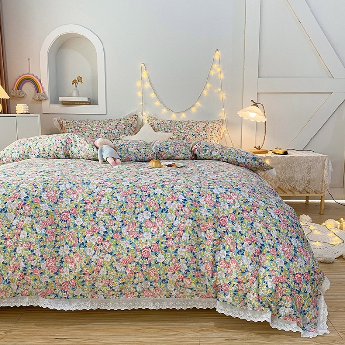 91家纺网 家纺一手货源 找家纺 一米阳光 2021新款花边纯棉款四件套 粉小蕾