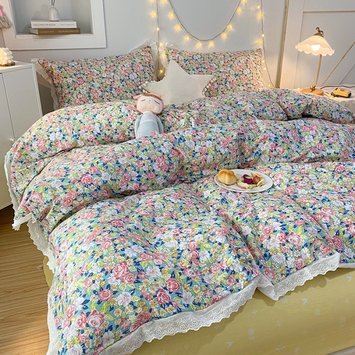 91家纺网 家纺一手货源 找家纺 一米阳光 2021新款花边纯棉款四件套 粉小蕾