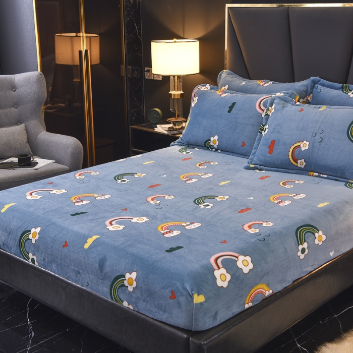 91家纺网 家纺一手货源 找家纺 锦罗绣 2021新款牛奶绒印花单品床笠彩虹