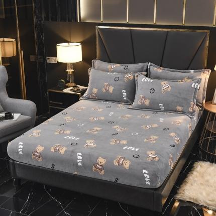 锦罗绣 2021新款牛奶绒印花单品床笠灰底小熊