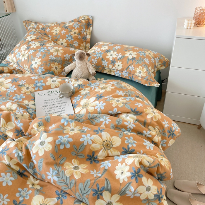 91家纺网 家纺一手货源 找家纺 希文 2021新款全棉生态磨毛印花四件套 花香丽人-桔