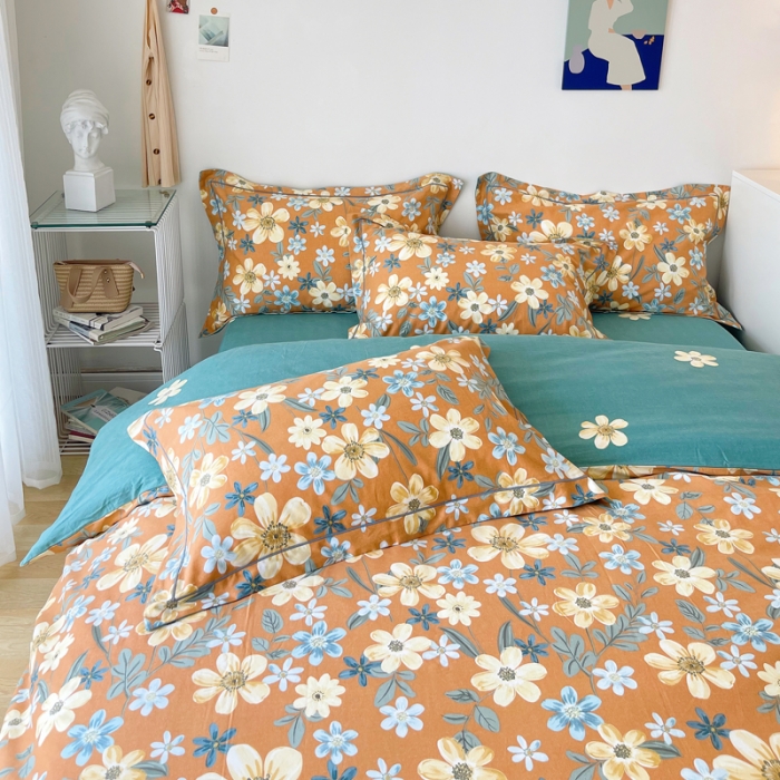 91家纺网 家纺一手货源 找家纺 希文 2021新款全棉生态磨毛印花四件套 花香丽人-桔