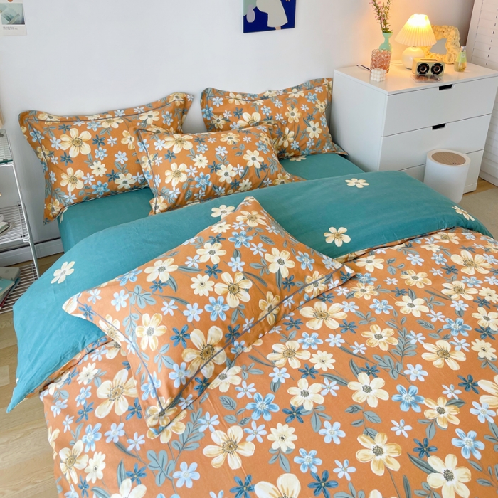 91家纺网 家纺一手货源 找家纺 希文 2021新款全棉生态磨毛印花四件套 花香丽人-桔