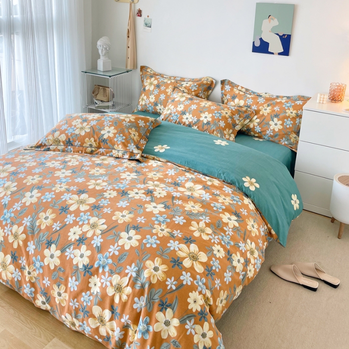 91家纺网 家纺一手货源 找家纺 希文 2021新款全棉生态磨毛印花四件套 花香丽人-桔