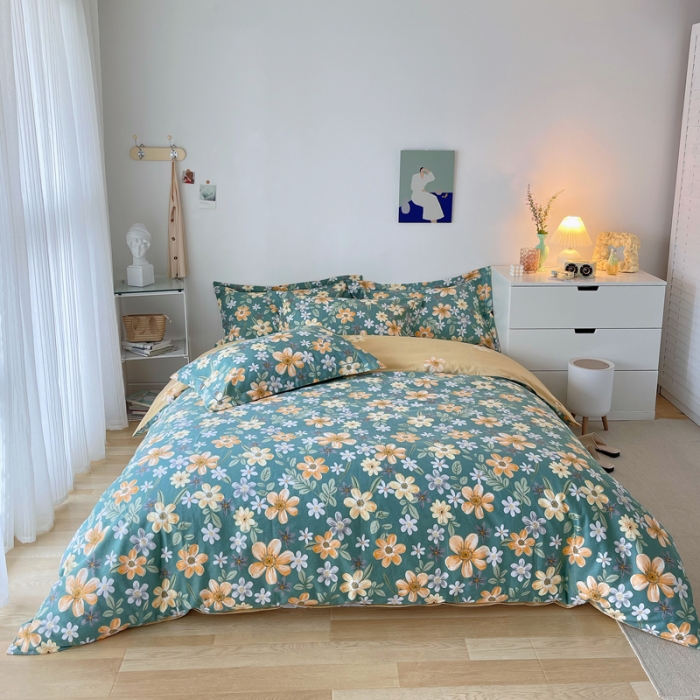 91家纺网 家纺一手货源 找家纺 希文 2021新款全棉生态磨毛印花四件套 花香丽人-绿