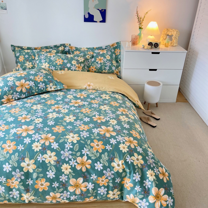 91家纺网 家纺一手货源 找家纺 希文 2021新款全棉生态磨毛印花四件套 花香丽人-绿