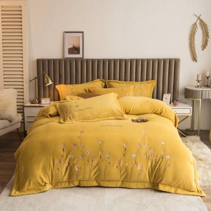 91家纺网 家纺一手货源 找家纺 绒博士240g法莱牛奶水晶宝宝贝贝魔法四件套-浪漫花丛柠檬黄