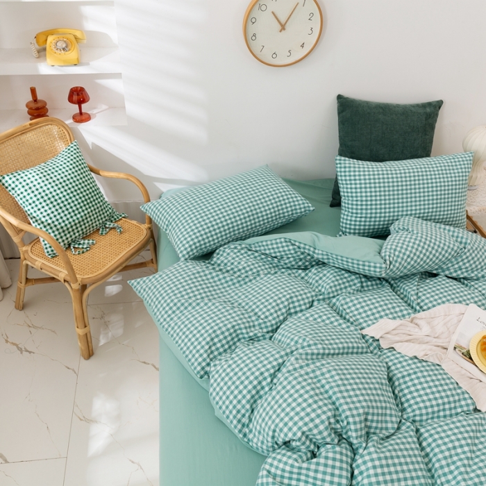 91家纺网 家纺一手货源 找家纺 简色坊 2023新款全棉水洗棉单品被套薄荷小格