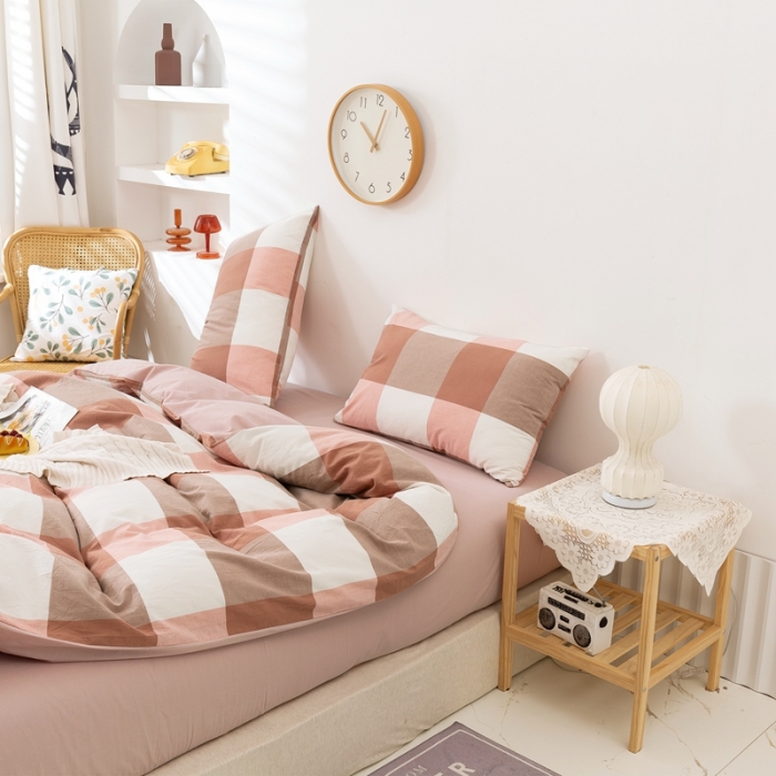 91家纺网 家纺一手货源 找家纺 简色坊 2023新款全棉水洗棉单品被套优雅格调-蜜粉大格