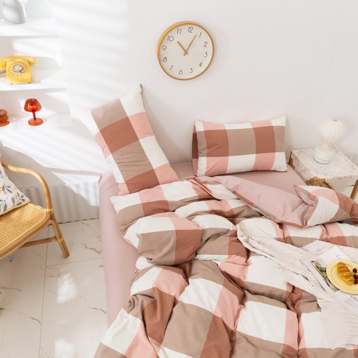 91家纺网 家纺一手货源 找家纺 简色坊 2023新款全棉水洗棉单品被套优雅格调-蜜粉大格