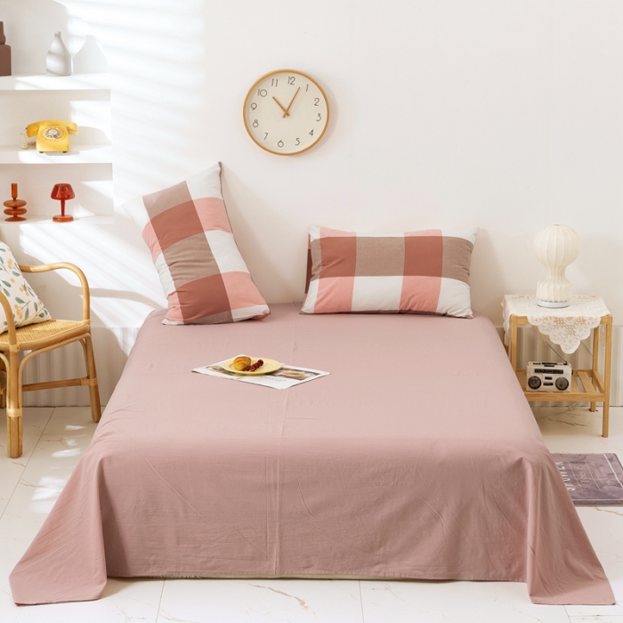 91家纺网 家纺一手货源 找家纺 简色坊 2023新款全棉水洗棉单品床单优雅格调-蜜粉大格