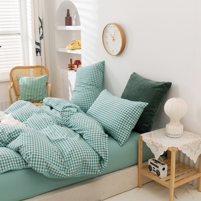 91家纺网 家纺一手货源 找家纺 简色坊 2023新款全棉水洗棉四件套薄荷小格