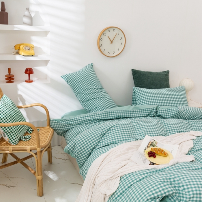 91家纺网 家纺一手货源 找家纺 简色坊 2023新款全棉水洗棉四件套薄荷小格