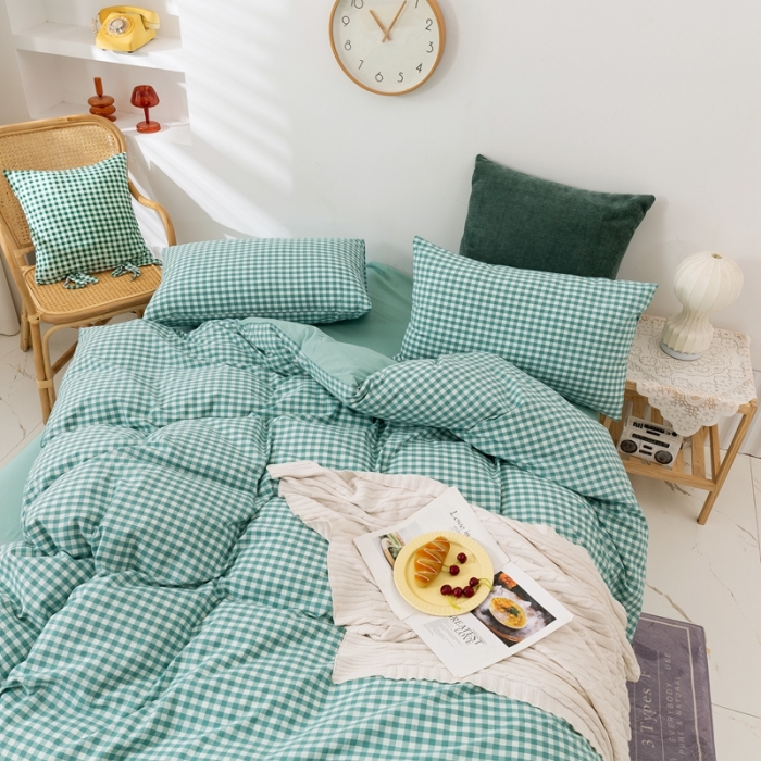 91家纺网 家纺一手货源 找家纺 简色坊 2023新款全棉水洗棉四件套薄荷小格