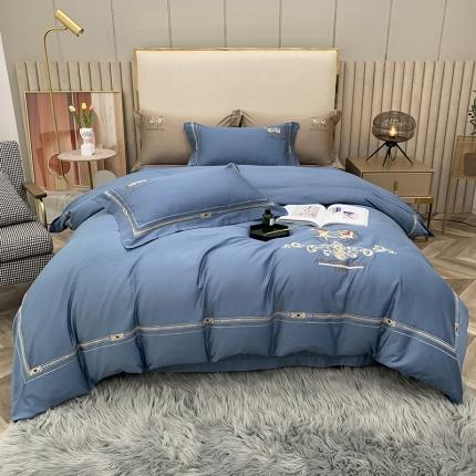 91家纺网 家纺一手货源 找家纺 顾家家居2023新款80支新疆长绒棉绣花四件套 凯萨琳-布鲁氏蓝