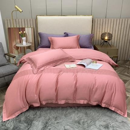 91家纺网 家纺一手货源 找家纺 顾家家居2023新款80支新疆长绒棉绣花四件套千鸟格 千鸟格-藕荷