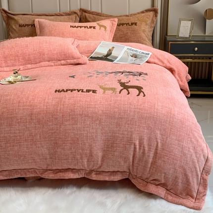 91家纺网 家纺一手货源 找家纺 榻尚新款高克重婴肤绒四件套肌理纹理毛巾绣风格2 橘色小鹿