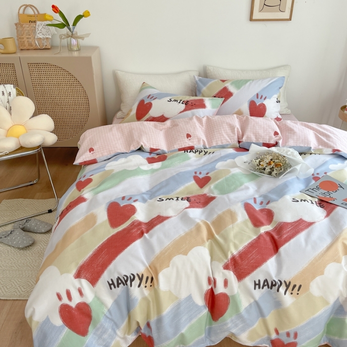 91家纺网 家纺一手货源 找家纺 时年 2021新款40S全棉印花四件套小可爱系列 彩虹云朵