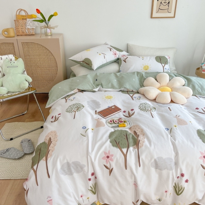 91家纺网 家纺一手货源 找家纺 时年 2021新款40S全棉印花四件套小可爱系列 树林生活