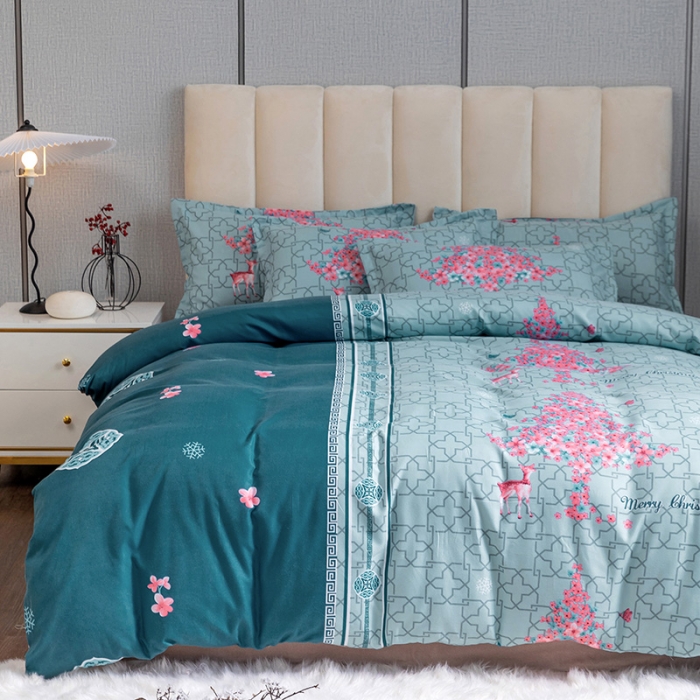 91家纺网 家纺一手货源 找家纺 优尚 2021新款亲肤磨毛中国风大版花系列四件套 碧波圣诞