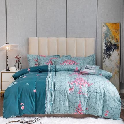 优尚 2021新款亲肤磨毛中国风大版花系列四件套 碧波圣诞