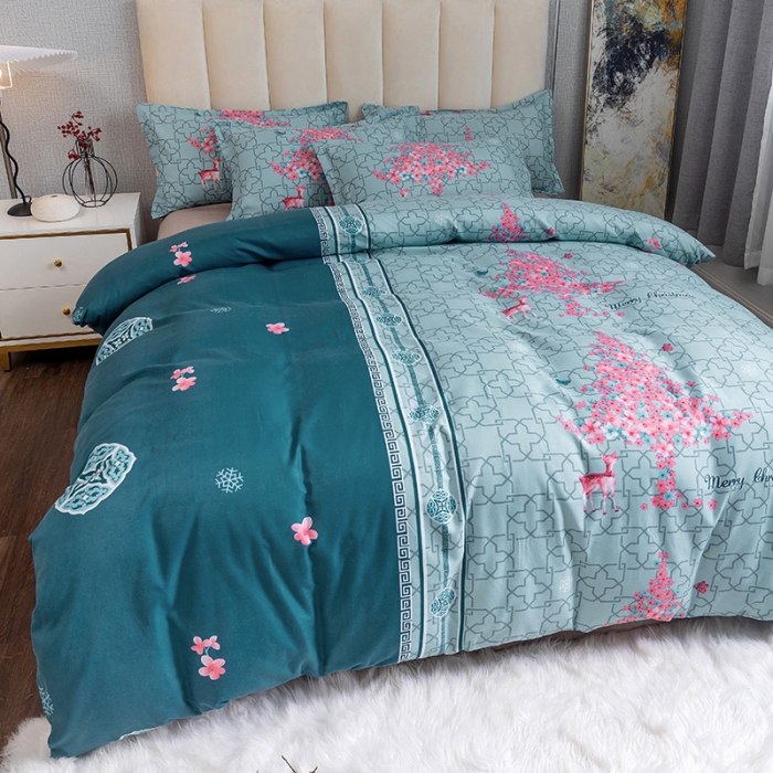 91家纺网 家纺一手货源 找家纺 优尚 2021新款亲肤磨毛中国风大版花系列四件套 碧波圣诞