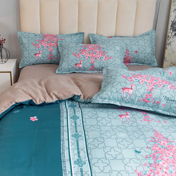 91家纺网 家纺一手货源 找家纺 优尚 2021新款亲肤磨毛中国风大版花系列四件套 碧波圣诞