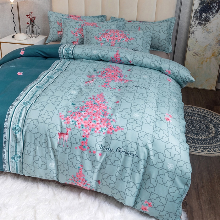 91家纺网 家纺一手货源 找家纺 优尚 2021新款亲肤磨毛中国风大版花系列四件套 碧波圣诞