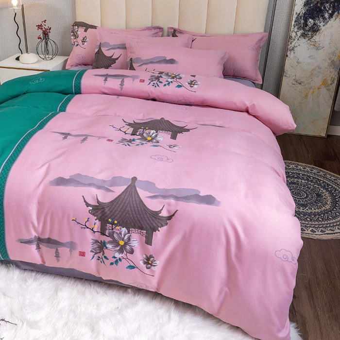 91家纺网 家纺一手货源 找家纺 优尚 2021新款亲肤磨毛中国风大版花系列四件套 粉棠黛绿