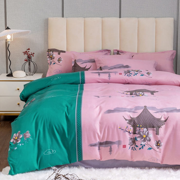 91家纺网 家纺一手货源 找家纺 优尚 2021新款亲肤磨毛中国风大版花系列四件套 粉棠黛绿