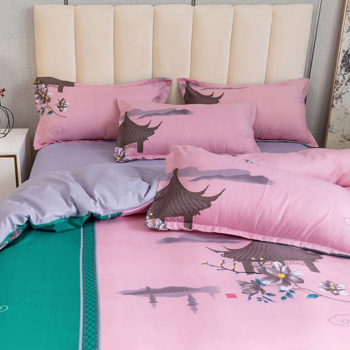 91家纺网 家纺一手货源 找家纺 优尚 2021新款亲肤磨毛中国风大版花系列四件套 粉棠黛绿