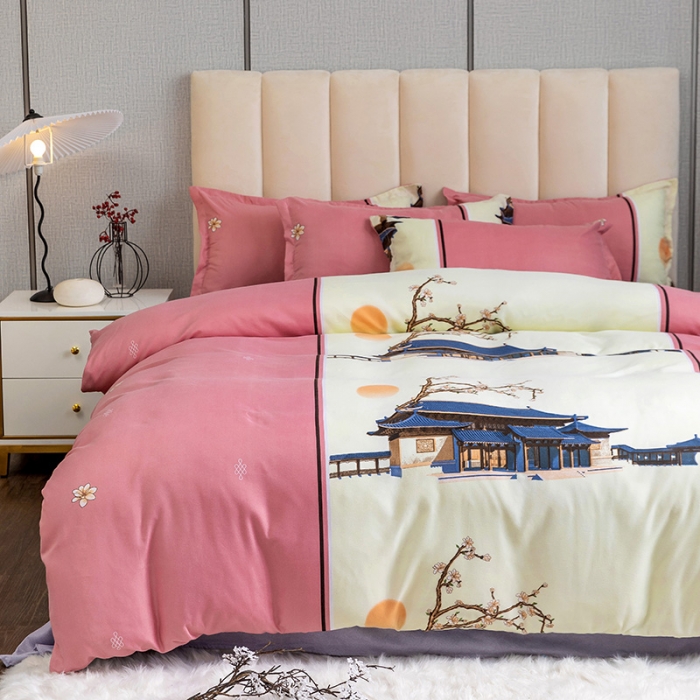 91家纺网 家纺一手货源 找家纺 优尚 2021新款亲肤磨毛中国风大版花系列四件套 粉妆玉阁