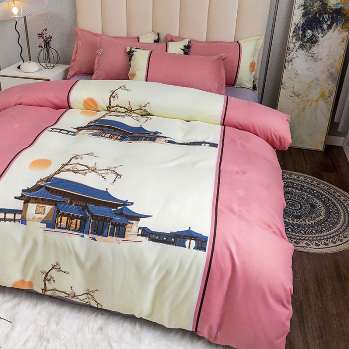 91家纺网 家纺一手货源 找家纺 优尚 2021新款亲肤磨毛中国风大版花系列四件套 粉妆玉阁