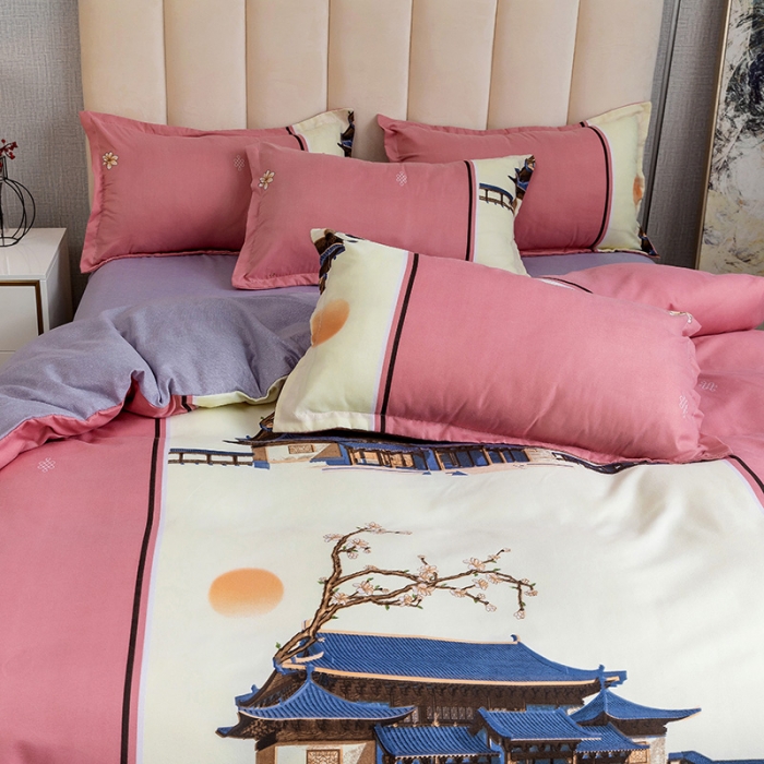 91家纺网 家纺一手货源 找家纺 优尚 2021新款亲肤磨毛中国风大版花系列四件套 粉妆玉阁