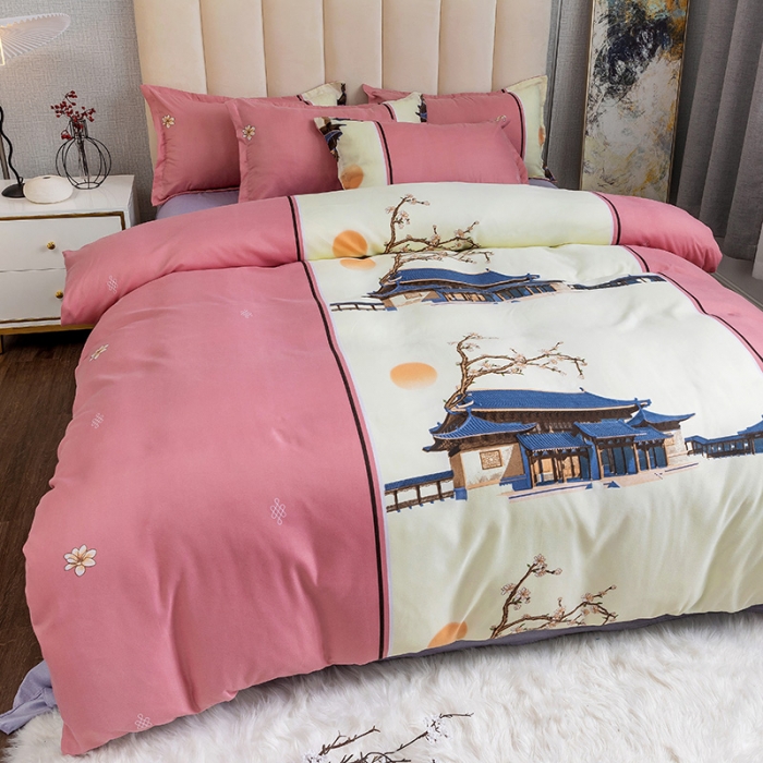 91家纺网 家纺一手货源 找家纺 优尚 2021新款亲肤磨毛中国风大版花系列四件套 粉妆玉阁