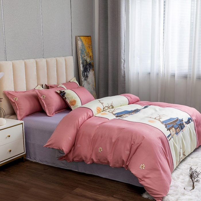 91家纺网 家纺一手货源 找家纺 优尚 2021新款亲肤磨毛中国风大版花系列四件套 粉妆玉阁